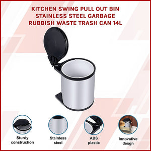 Kitchen Swing Pull-Out Bin | Stainless Steel | Garbage Rubbish Trash Can | 14L