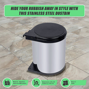 Kitchen Swing Pull-Out Bin | Stainless Steel | Garbage Rubbish Trash Can | 14L