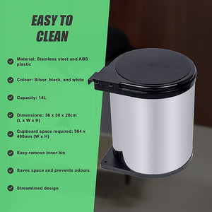 Kitchen Swing Pull-Out Bin | Stainless Steel | Garbage Rubbish Trash Can | 14L