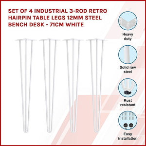 Set of 4 Industrial 3-Rod Retro Hairpin Table Legs | 12mm Steel Bench Desk | 71cm | White
