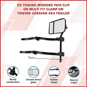 Clip-On Towing Mirrors | 2-Pack | Multi-Fit Clamp-On for Caravan & 4X4 Trailer