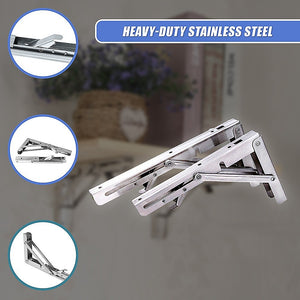 2x 10" Stainless Steel Folding Table Bracket Shelf | 50kg Load | Heavy Duty