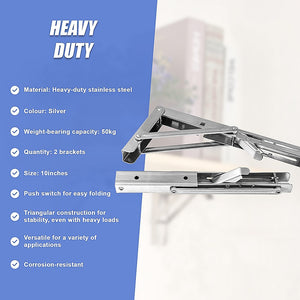 2x 10" Stainless Steel Folding Table Bracket Shelf | 50kg Load | Heavy Duty