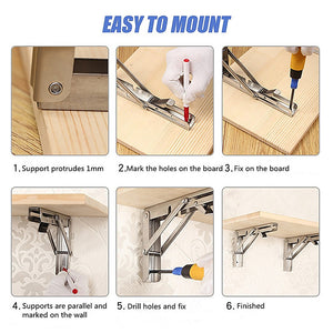 2x 10" Stainless Steel Folding Table Bracket Shelf | 50kg Load | Heavy Duty