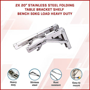 2x 20" Stainless Steel Folding Table Bracket Shelf | 50kg Load | Heavy Duty