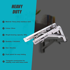 2x 20" Stainless Steel Folding Table Bracket Shelf | 50kg Load | Heavy Duty