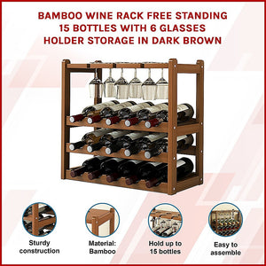 Bamboo Wine Rack | Free Standing | 15 Bottles with 6 Glasses Holder Storage | Dark Brown