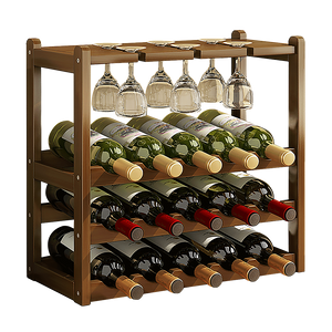 Bamboo Wine Rack | Free Standing | 15 Bottles with 6 Glasses Holder Storage | Dark Brown