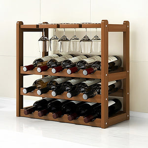 Bamboo Wine Rack | Free Standing | 15 Bottles with 6 Glasses Holder Storage | Dark Brown