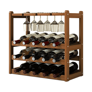 Bamboo Wine Rack | Free Standing | 15 Bottles with 6 Glasses Holder Storage | Dark Brown