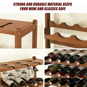 Bamboo Wine Rack | Free Standing | 15 Bottles with 6 Glasses Holder Storage | Dark Brown