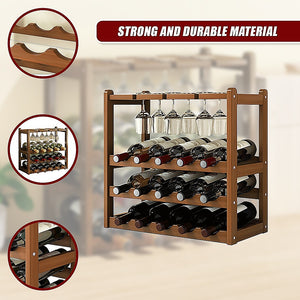 Bamboo Wine Rack | Free Standing | 15 Bottles with 6 Glasses Holder Storage | Dark Brown