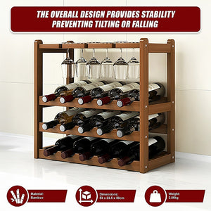 Bamboo Wine Rack | Free Standing | 15 Bottles with 6 Glasses Holder Storage | Dark Brown