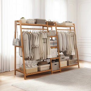 Portable Clothes Rack Coat Garment Stand | Bamboo Rail Hanger | Airer Closet | 2nd Variant