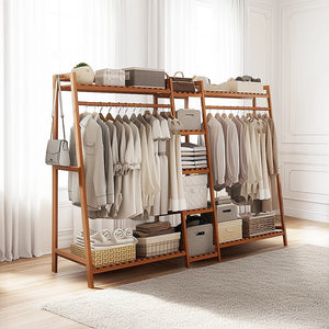 Portable Clothes Rack Coat Garment Stand Bamboo Rail Hanger Airer Closet