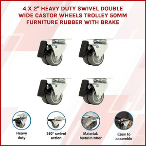 Heavy Duty Castor Wheels | 4-Pack | 2" Swivel Double Wide | 50mm Rubber with Brake