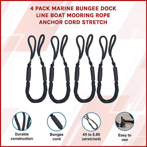 Marine Bungee Dock Line | 4-Pack | Boat Mooring Rope | Anchor Cord Stretchable