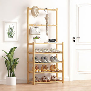 Large Wooden 5 Tiers Hat Coat Stand | Clothes Shoe Rack | Hanger Hooks Shelf Storage