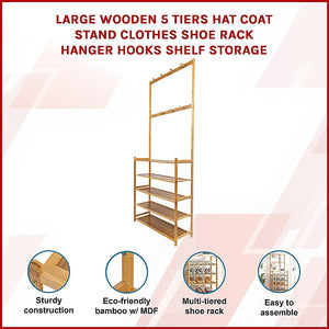 Large Wooden 5 Tiers Hat Coat Stand | Clothes Shoe Rack | Hanger Hooks Shelf Storage