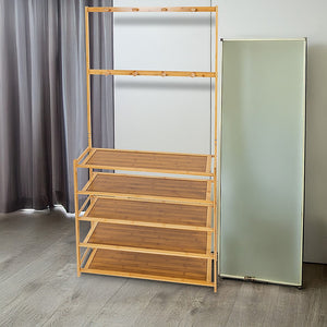 Large Wooden 5 Tiers Hat Coat Stand | Clothes Shoe Rack | Hanger Hooks Shelf Storage