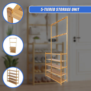Large Wooden 5 Tiers Hat Coat Stand | Clothes Shoe Rack | Hanger Hooks Shelf Storage