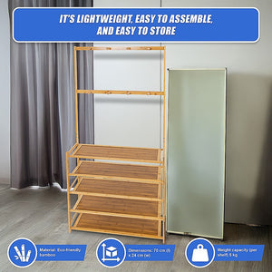 Large Wooden 5 Tiers Hat Coat Stand | Clothes Shoe Rack | Hanger Hooks Shelf Storage