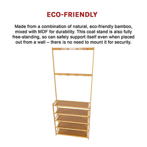 Large Wooden 5 Tiers Hat Coat Stand | Clothes Shoe Rack | Hanger Hooks Shelf Storage