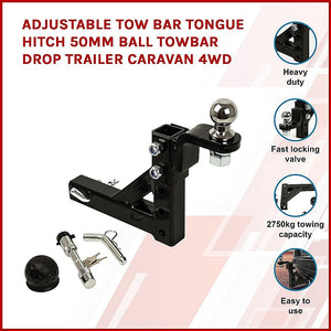 Adjustable Tow Bar Tongue Hitch | 50mm Ball | Drop Trailer for Caravan & 4WD