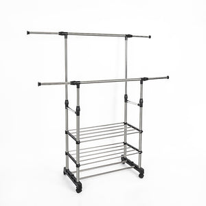 Heavy Duty Commercial Garment Rack | Double Bar | Rolling Collapsible Clothing Shelf