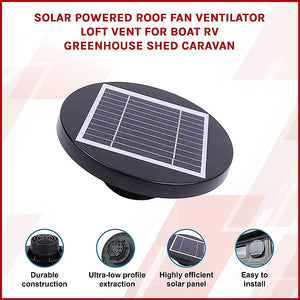 Solar Powered Roof Vent Fan | Loft Ventilator for Boat RV Greenhouse Shed Caravan
