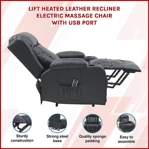 Lift Heated Leather Recliner | Electric Massage Chair | USB Port | Adjustable Comfort