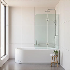 Frameless Glass Bath Screen | 100cm | White Channel | Brass Hinges | Modern Bathroom Divider
