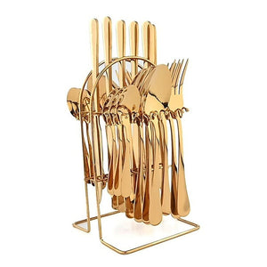 24-Piece Gold Cutlery Set | Stainless Steel | Household Knife, Fork, Spoon | Kitchen Storage Rack | Dinner Service
