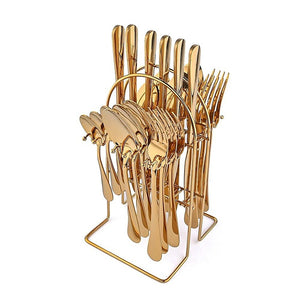 24-Piece Gold Cutlery Set | Stainless Steel | Household Knife, Fork, Spoon | Kitchen Storage Rack | Dinner Service