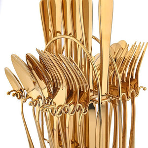 24-Piece Gold Cutlery Set | Stainless Steel | Household Knife, Fork, Spoon | Kitchen Storage Rack | Dinner Service