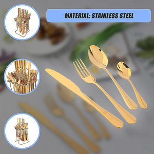 24-Piece Gold Cutlery Set | Stainless Steel | Household Knife, Fork, Spoon | Kitchen Storage Rack | Dinner Service