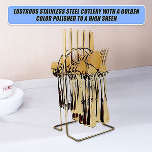24-Piece Gold Cutlery Set | Stainless Steel | Household Knife, Fork, Spoon | Kitchen Storage Rack | Dinner Service