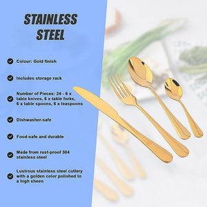 24-Piece Gold Cutlery Set | Stainless Steel | Household Knife, Fork, Spoon | Kitchen Storage Rack | Dinner Service