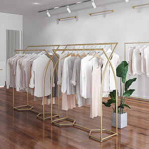 Commercial Clothing Garment Rack | Retail Shop Display | Gold Finish | Heavy-Duty Hanging Rail