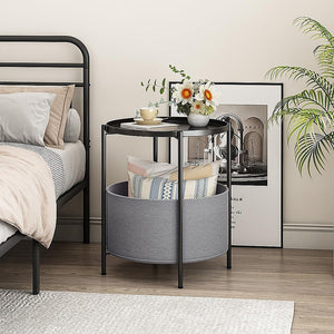 Round Side Table | With Bedside Storage Basket | Compact Modern Accent Table