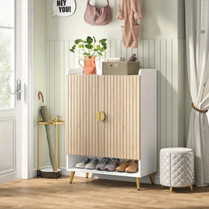 NNETMLT 7-Tier Shoe Storage Cabinet with Adjustable Shelves | Wood and Gold