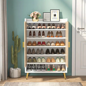 NNETMLT 7-Tier Shoe Storage Cabinet with Adjustable Shelves | Wood and Gold