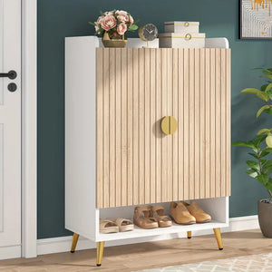 NNETMLT 7-Tier Shoe Storage Cabinet with Adjustable Shelves | Wood and Gold