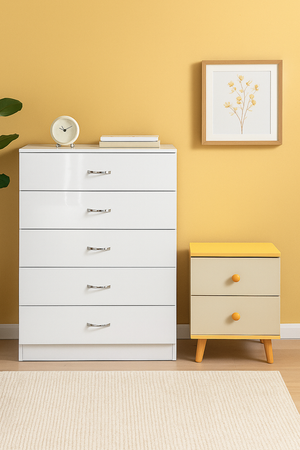 NNECN Drawer Chest | 5-Layer White Storage | With Bedside Table
