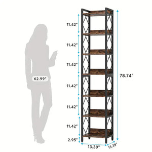NNETMLT 78.7 Inch Extra Tall 7 Tier Skinny Bookcase | Rustic Brown