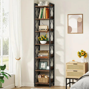 NNETMLT 78.7 Inch Extra Tall 7 Tier Skinny Bookcase | Rustic Brown