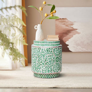 Miranda Cylinder Table/Stool | Turquoise Shell Inlay | Handmade Decorative Accent Piece