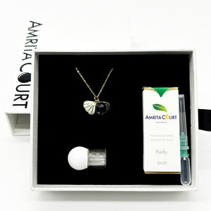 Gift Box | Aroma Necklace | 925 Silver | Gold Coated | Green Shell Ocean Depth (Dark Blue) | Purify Oil Blend