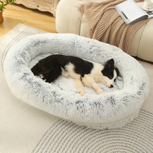 Gradient Gray Fluffy Donut Pet Bed | Soft Anti-Anxiety | Size S 60x50x18cm | Machine Washable