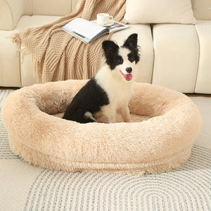 Fluffy Donut-Shaped Pet Bed | Soft, Cozy & Anti-Anxiety | Light Brown | L 90x65x20cm | Machine Washable